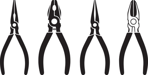 Set of different types of hand pliers tool silhouette vector icons. various working instruments for repair and construction.