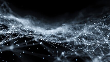 Abstract representation showcasing interconnected dots and lines, resembling a network, overlaid against a dark background with a soft, cloud-like element