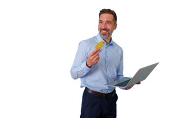 Happy man connecting to the internet, making secure purchases online, using a credit card for payment, transparent background