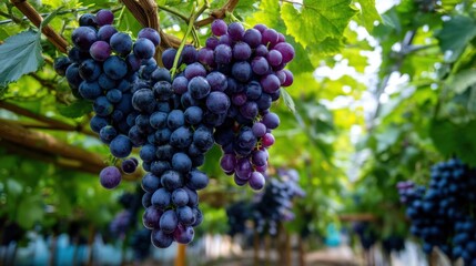 Fototapeta premium A bunch of grapes hanging from a vine. The grapes are purple and are clustered together. The vine is green and the grapes are growing on it