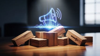 Marketing wooden blocks with floating digital megaphone hologram