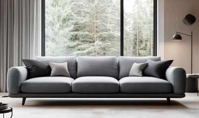 Fototapeta premium Modern minimalist living room featuring a sleek gray sofa, clean decor, and large windows letting in bright natural light