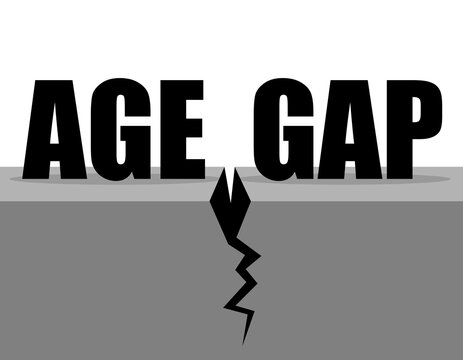 Age gap and disparity - age difference between old and young. Vector illustration of text and crack between. 