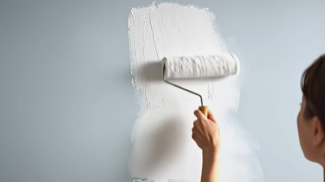 Woman painting wall with roller brush, showcasing the progression of a fresh coat of paint in a serene indoor environment with soft lighting