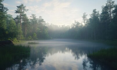 Morning fog covering a quiet forest landscape, soft light filtering through thick mist, creating a tranquil and mysterious mood,