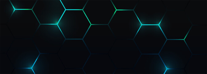 Dark hexagonal abstract technology background with blue and green colored bright flashes under hexagon. Honeycomb gaming vector tech illustration black wide abstract background.