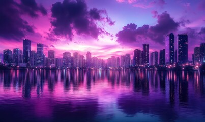 Night cityscape with vibrant purple and pink hues reflecting on the water, dramatic clouds creating depth
