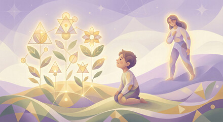 A child and woman gaze at glowing geometric plants in a dreamy landscape