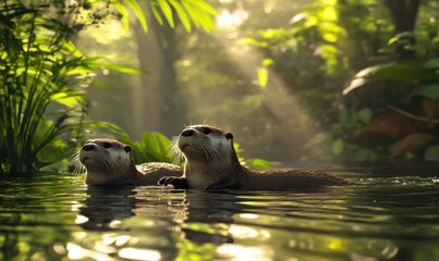 Otters floating peacefully in a calm river surrounded by lush greenery, warm sunlight creating a serene wildlife moment with vibrant natural tones, peaceful nature retreat,