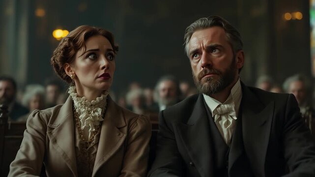 Scene depicting Victorian court case with tense glances and subdued lighting
