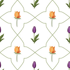 Vector seamless pattern with spring tulips in orange and purple arranged in a decorative geometric grid on white background. Ideal for fabric, packaging, stationery, wallpaper, and spring branding.