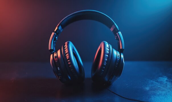 Pair of professional over-ear headphones with a sleek black design placed on a dark surface, soft ambient lighting, clean and sharp audio accessory concept,