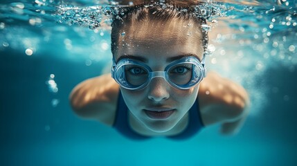 Naklejka premium An athlete wearing swimming goggles confidently cuts through the water, demonstrating strength and determination — a suitable dynamic background 