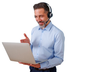 Mature man wearing headset on video call using laptop, offering online customer service and technical support, transparent background