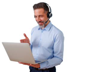Mature man wearing headset on video call using laptop, offering online customer service and technical support, transparent background