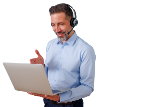 Mature man wearing headset on video call using laptop, offering online customer service and technical support, transparent background - Powered by Adobe
