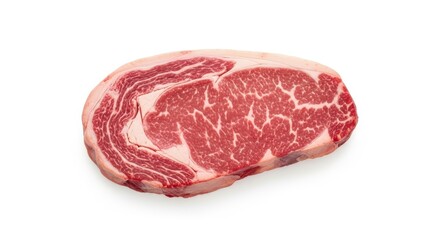 Obraz premium Raw ribeye steak with rich marbling on white background.
