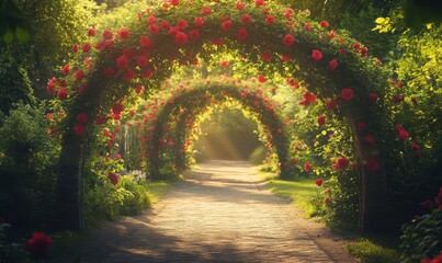 Fototapeta premium Picturesque garden archway covered in vibrant climbing roses, soft golden light filtering through the leaves, peaceful and romantic outdoor setting, wide panoramic shot,