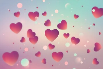 Floating red hearts against a pastel blurred background creates a loving mood