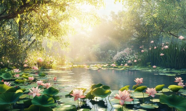Picturesque garden pond with blooming lotus flowers and green lily pads, soft sunlight filtering through nearby trees, peaceful and serene atmosphere, wide panoramic view,