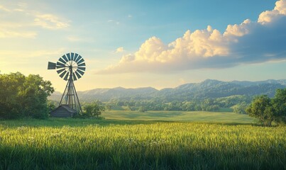 Picturesque rural scene with a windmill surrounded by green fields under a bright blue sky, soft golden light creating a peaceful countryside vibe, wide panoramic view,