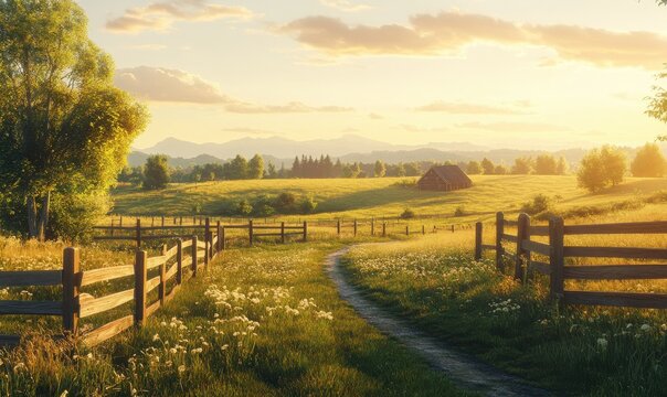 Picturesque rural farm with wooden fences and rolling green pastures under soft golden sunlight, peaceful and idyllic countryside setting, wide panoramic perspective,