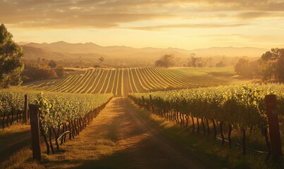 Fototapeta premium Picturesque vineyard at dawn with rows of grapevines stretching into the distance, soft golden light casting warm reflections, peaceful rural atmosphere, wide panoramic view,