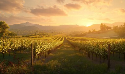 Fototapeta premium Picturesque vineyard at sunset with soft golden light illuminating rows of grapevines, peaceful and serene rural scene, wide panoramic view,