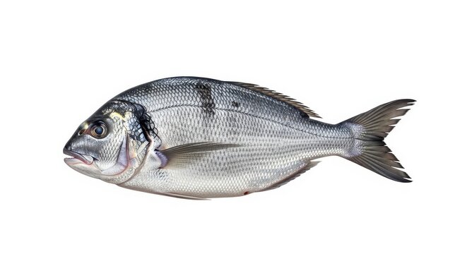 Close-up of a silver fish on a white background.