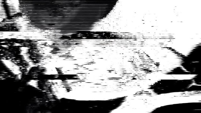 4k loop animation - Grunge Black and White Urban glitch art. Retro 80s, 90s, Y2K Distorted lines, Digital art, creative banner design, Futuristic cyberpunk animated retro pixelated background pattern