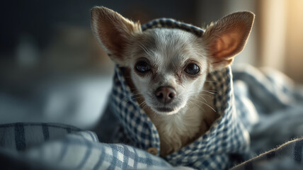 Little chihuahua snuggles comfortably under a blue plaid blanket