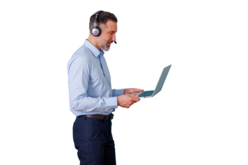 Happy man in headset using laptop, providing remote customer service and technical support online, transparent background