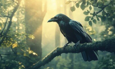 Portrait of a raven perched on a tree branch with soft diffused light highlighting its glossy feathers, clean and powerful wildlife concept, sharp detail,