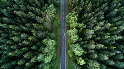 Aerial view of a road cutting through a dense forest of evergreen trees, creating a visual contrast with the dark green canopy