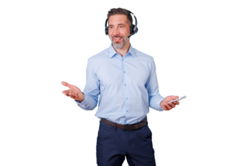 Man wearing a headset speaking, providing support and guidance while holding a smartphone, representing call center and assistance themes