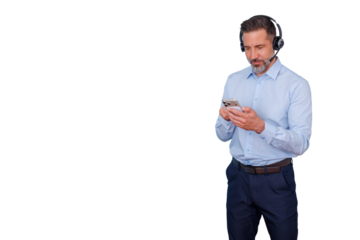 Professional man wearing headset and using smartphone for customer support, service, or communication on transparent background