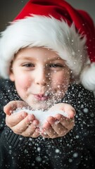 Closeup of a young boy in a santa hat blowing snow from his hands