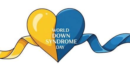 World Down Syndrome Day heart with blue and yellow ribbons.