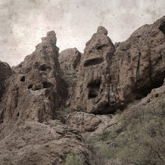 textured stylish old paper background, square, with landscape of central Gran Canaria, route to Ventana de Bentayga