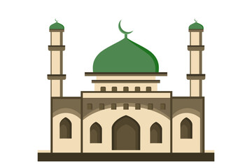 Mosque Flat Vector with Green Dome and Minarets on White