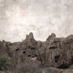 textured stylish old paper background, square, with landscape of central Gran Canaria, route to Ventana de Bentayga