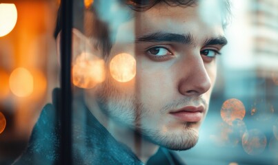 Portrait of a young man looking through a glass window with soft reflections, bright ambient light enhancing his thoughtful expression, modern lifestyle scene,