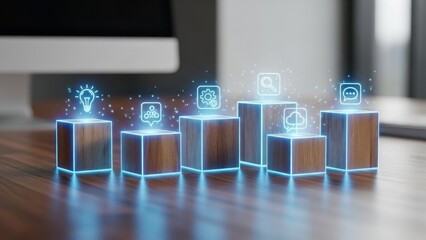 Wooden blocks on desk enhanced with glowing hologram outline icons
