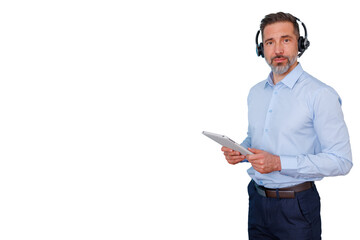 Mature man wearing a headset and holding a tablet, providing customer service support, call center agent portrait