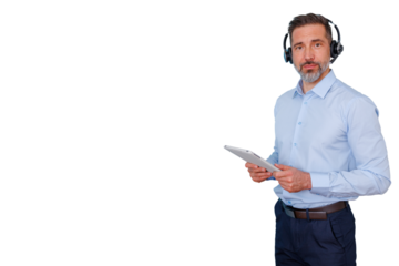 Mature man wearing a headset and holding a tablet, providing customer service support, call center agent portrait