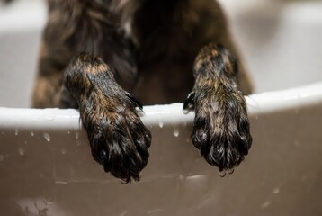 Wet dog paws hanging over bathtub edge during bath