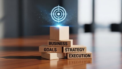 Business goals wooden blocks under floating hologram target icon