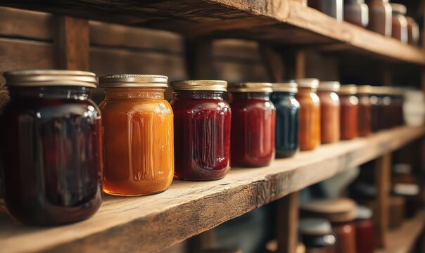 Rows of glass jars filled with homemade preserves neatly arranged on wooden shelves, warm soft light creating a rustic kitchen feel