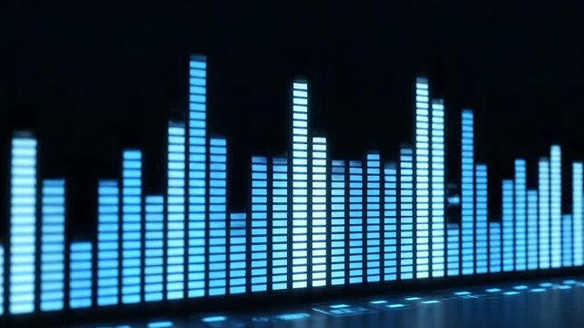 Glowing blue digital audio equalizer bars on black background