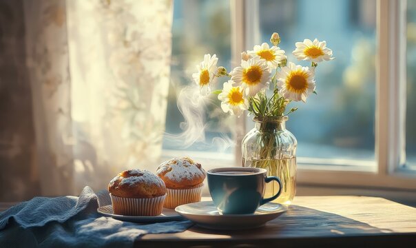 Rustic breakfast setup with freshly baked muffins, a steaming cup of coffee, and a vase of flowers, soft warm light creating a cozy and inviting scene - Powered by Adobe